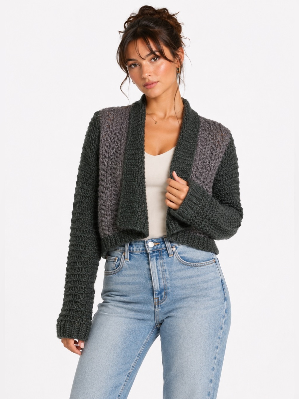 Handmade Vintage Crochet Chunky Wool Cardigan (Grey/Purple) Free Size S-L